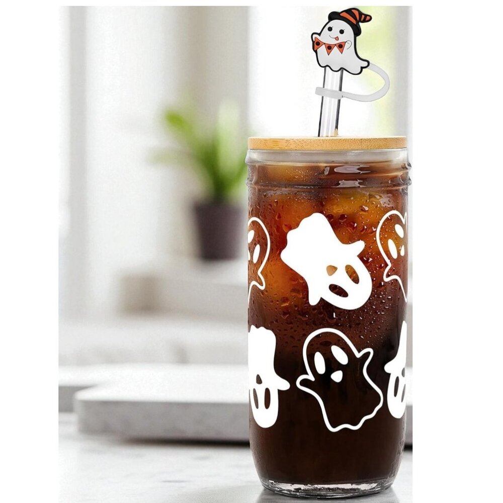 Halloween Ghost Glass Tumbler with Bamboo Lid and Glass Straw
